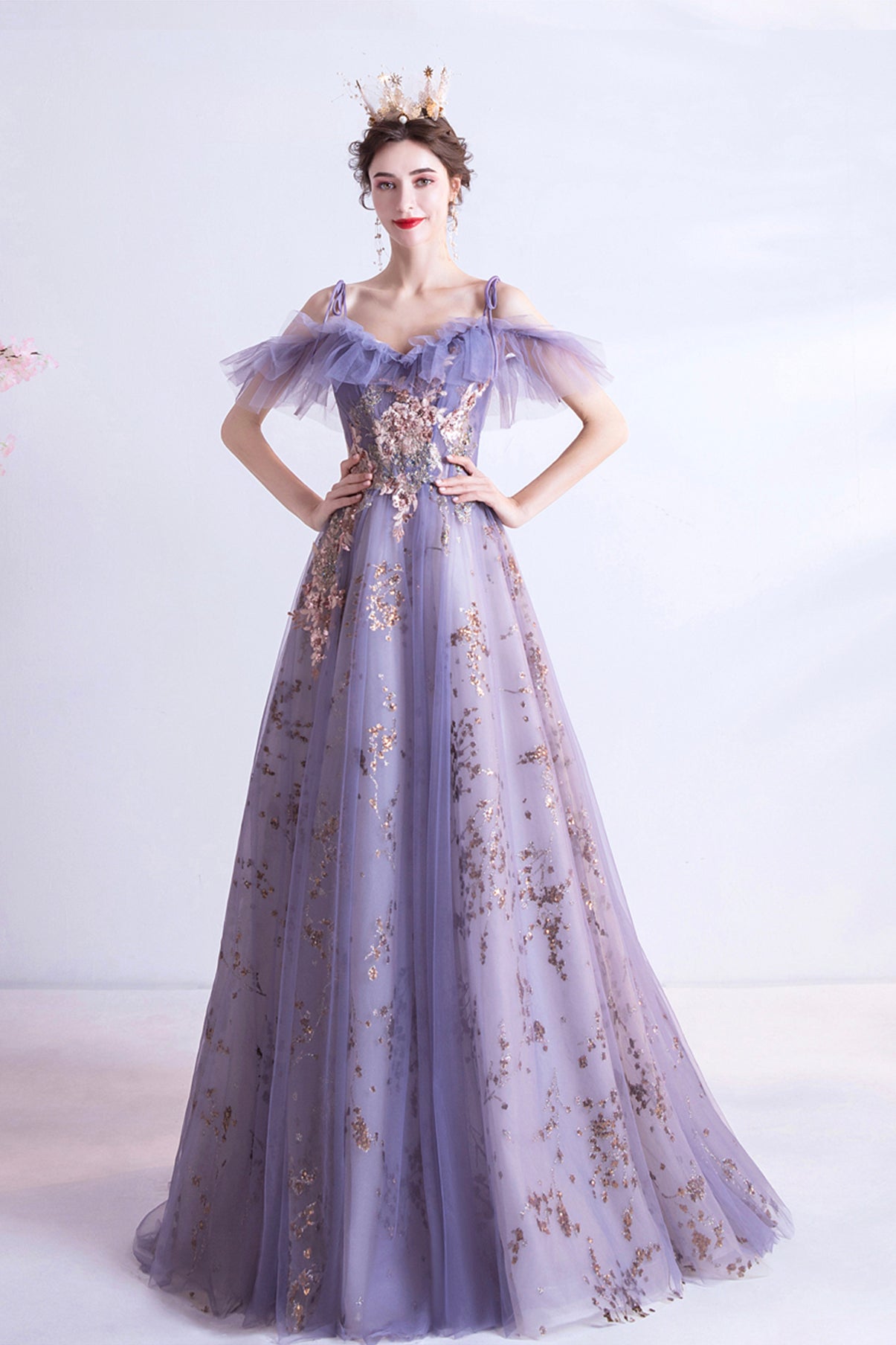Purple tulle sequins long A line prom dress evening dress 8750