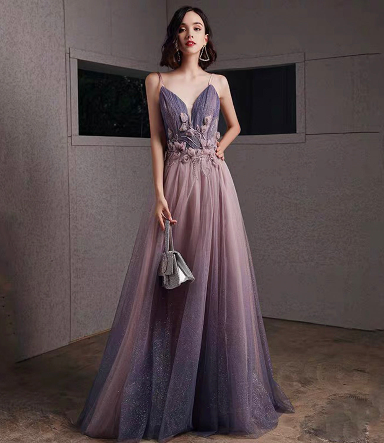 Purple tulle sequins long prom dress A line evening gown 10480