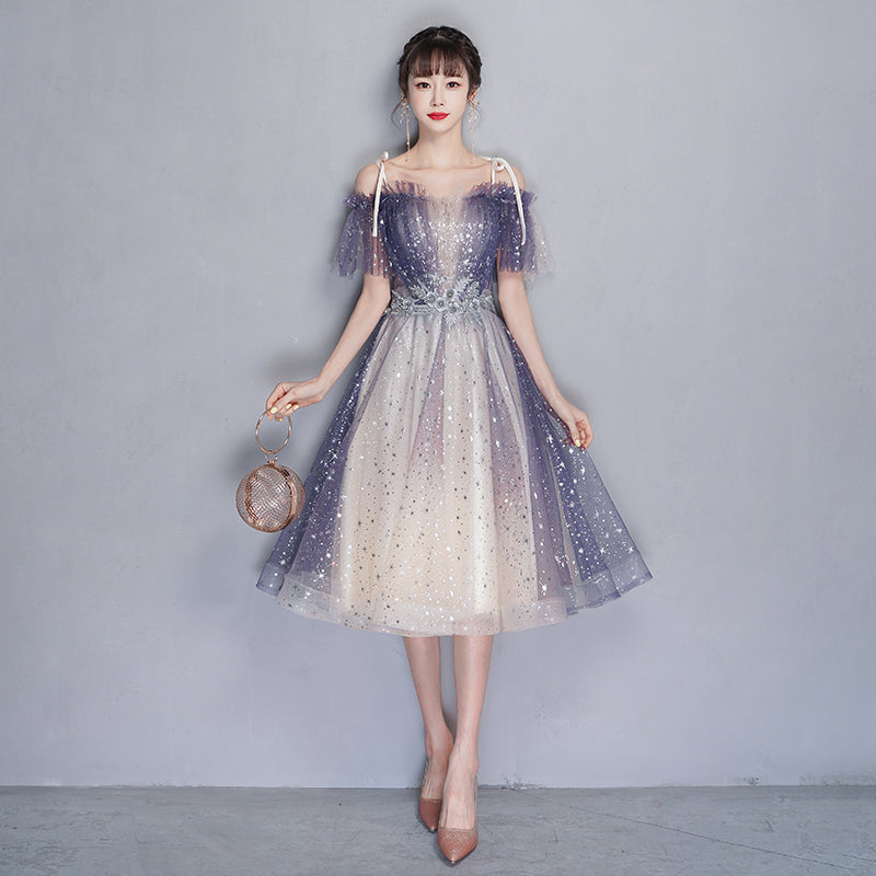 Blue tulle sequins short prom dress party dress 8354