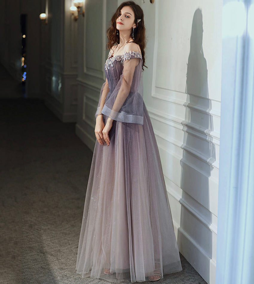 Purple tulle lace long prom dress purple evening dress 8538