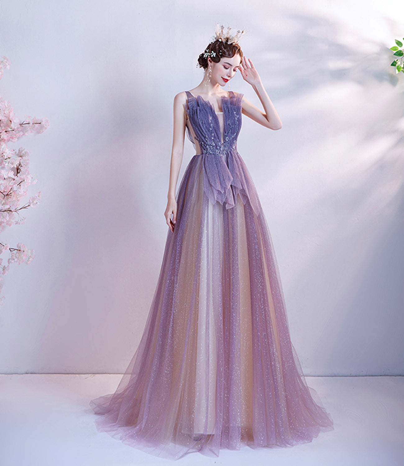 Purple tulle long A line prom dress evening dress 8748