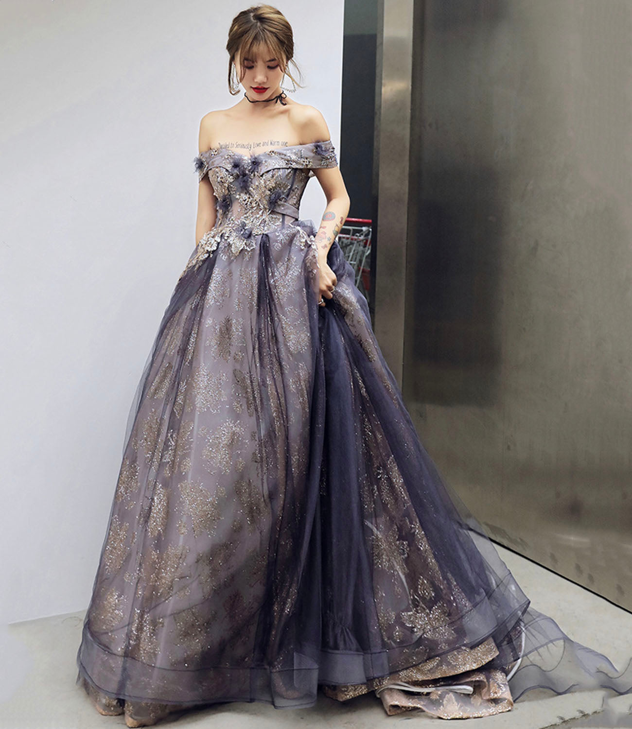 Purple tulle sequins long prom dress A line evening gown 10204