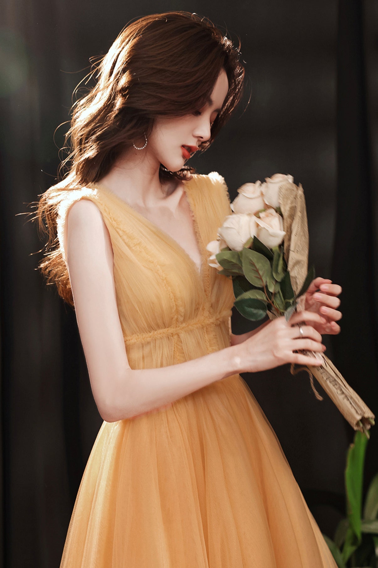 Yellow tulle tea length prom dress evening dress 8780