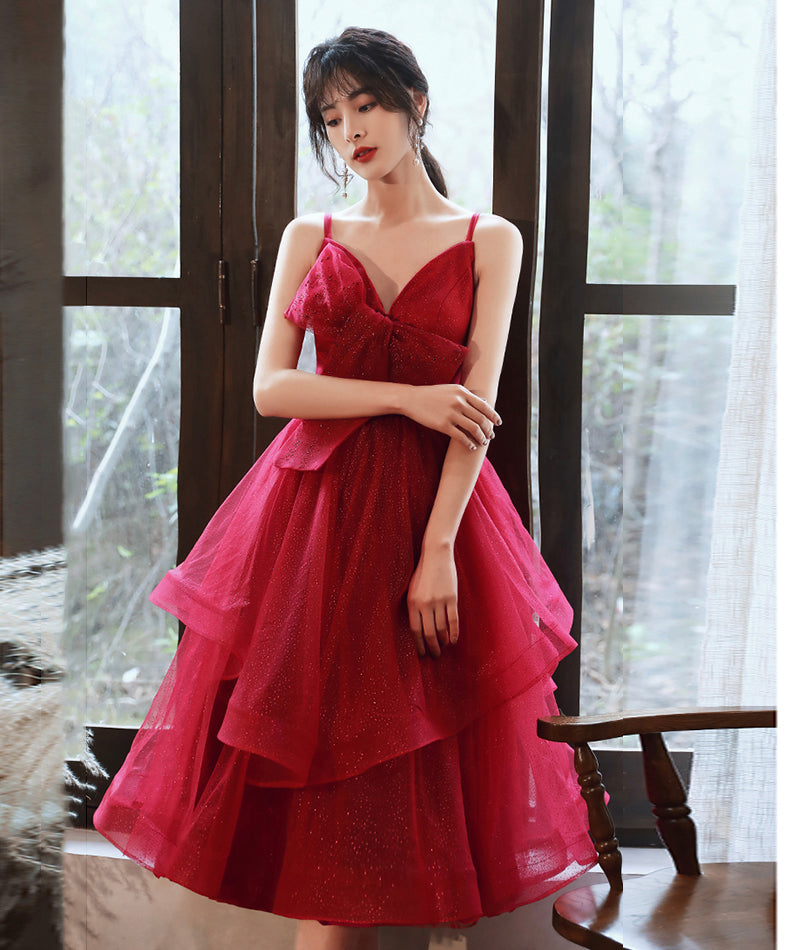 Burgundy v neck tulle sequins prom dress homecoming dress 8408