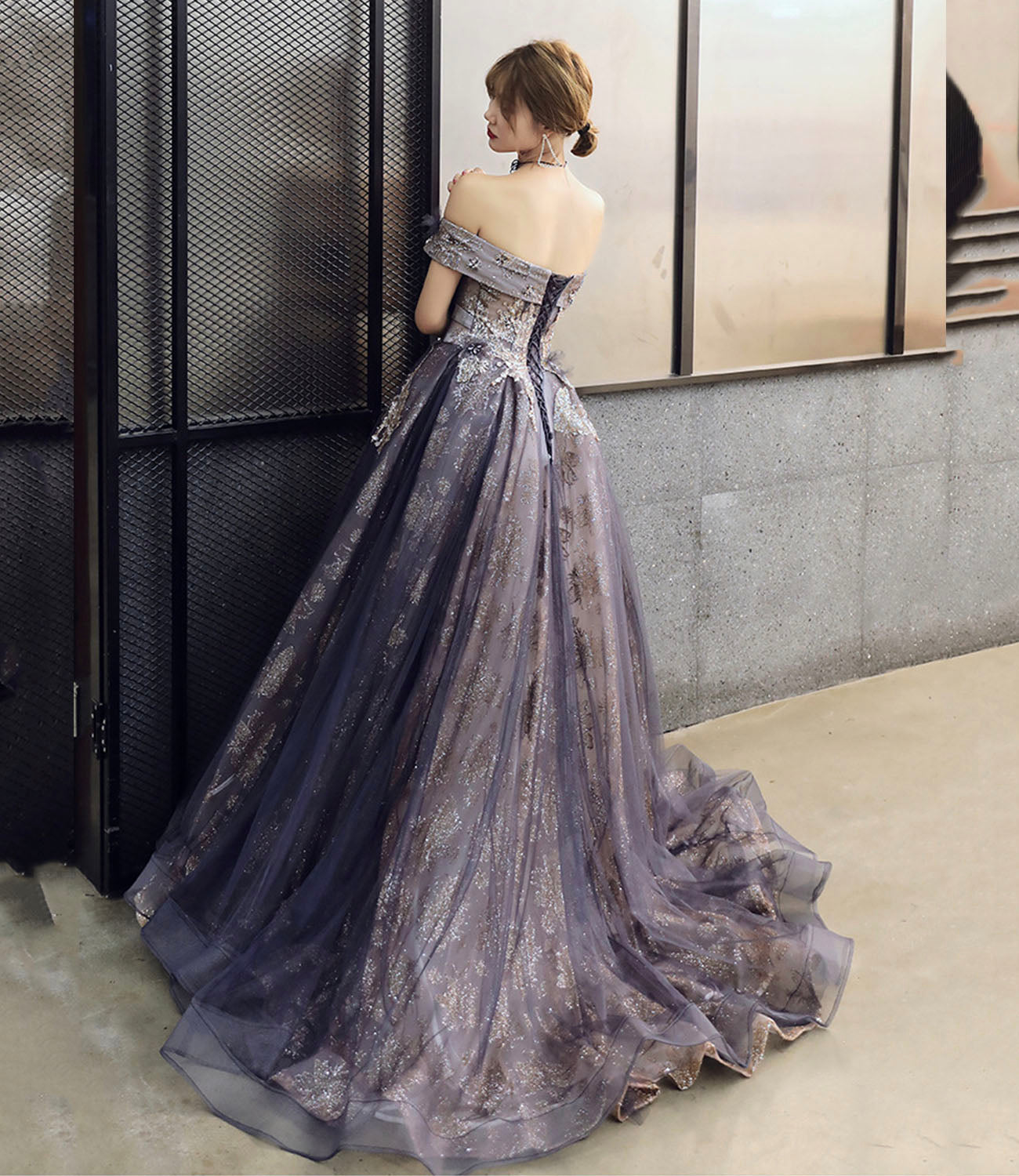 Purple tulle sequins long prom dress A line evening gown 10204