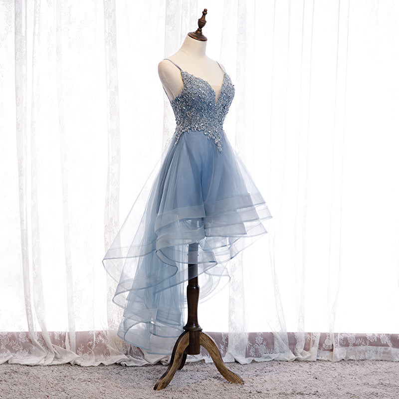 Cute v neck lace short prom dress high low evening dress 8315