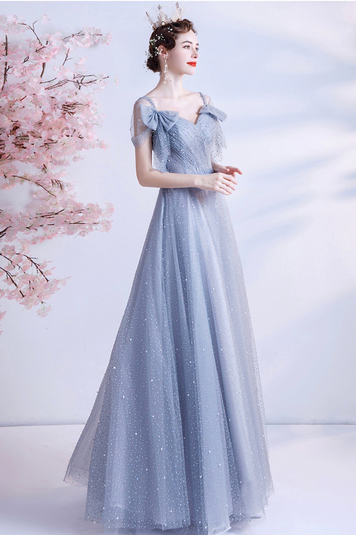 Gray tulle sequins long A line prom dress evening dress  8690