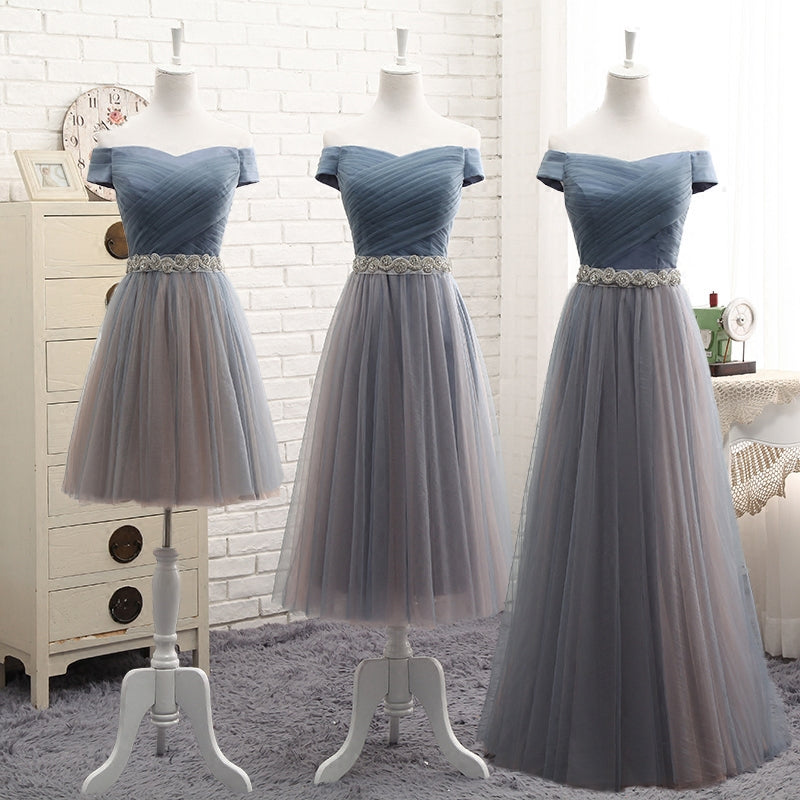 Gray tulle off shoulder prom dress, evening dress 7773
