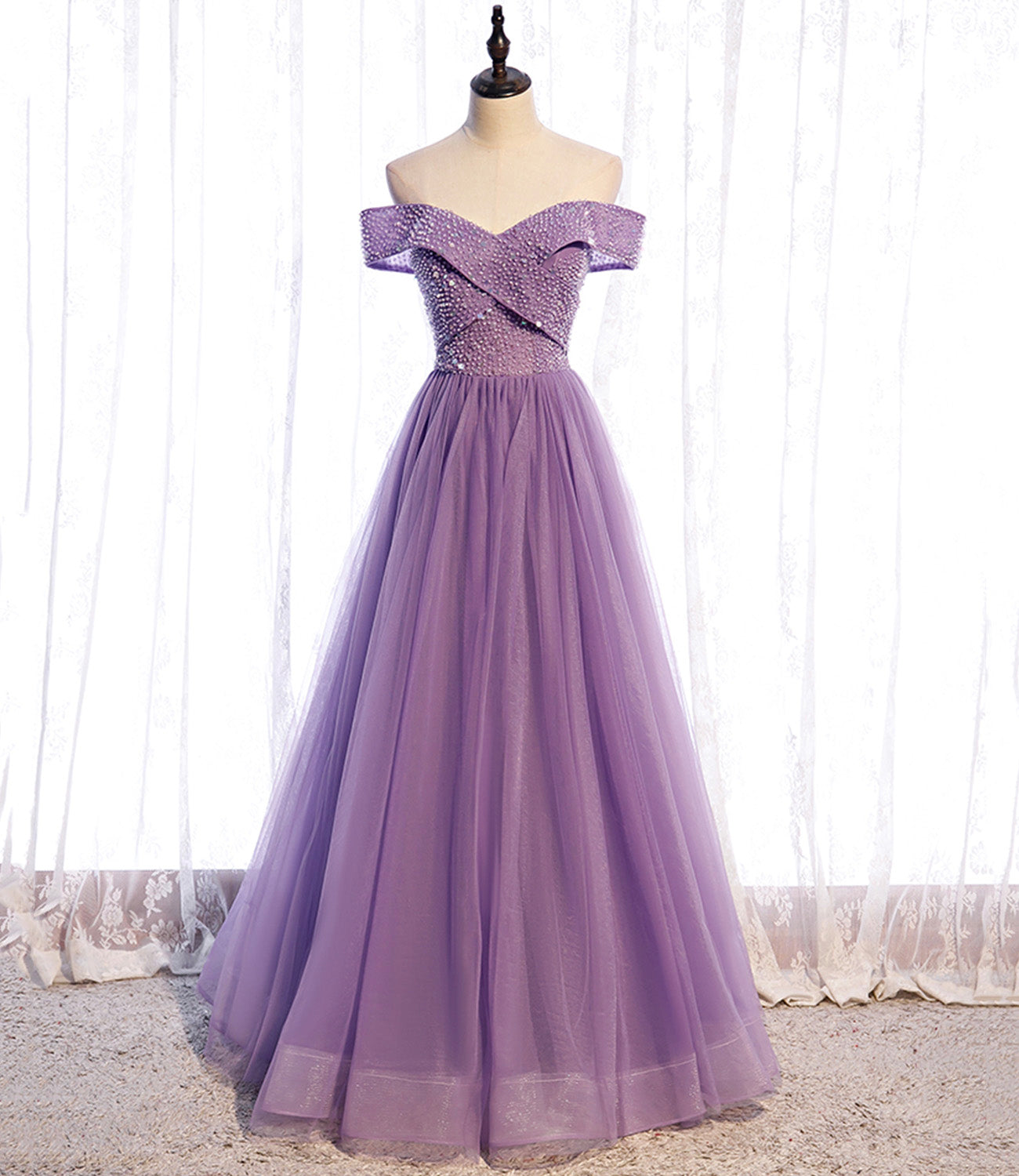 Purple tulle beads long A line prom dress evening dress 8790