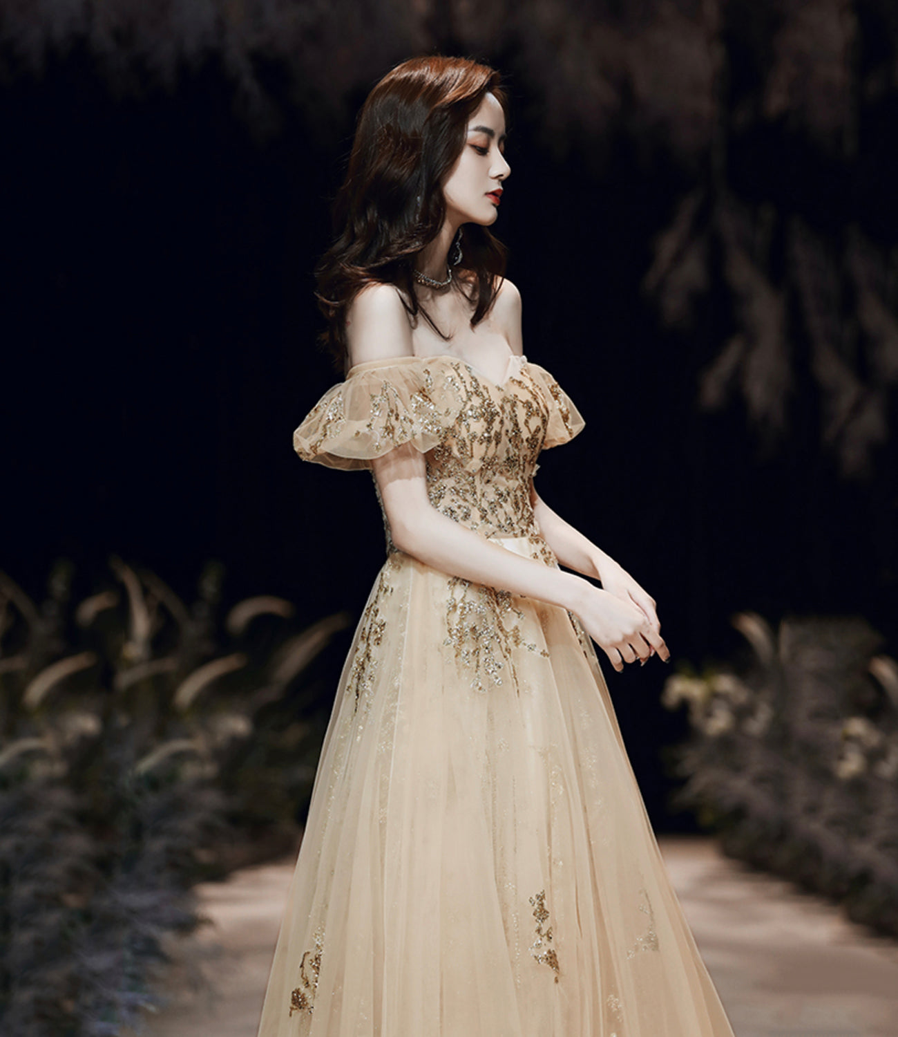 Gold sequins long prom dress A line evening dress  10484