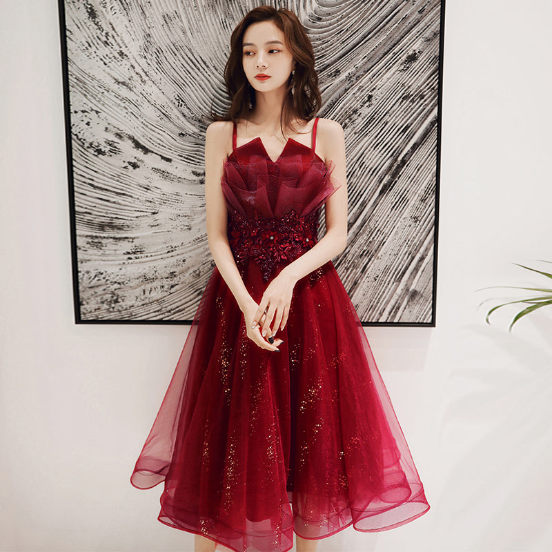 Cute burgundy tulle short prom dress homecoming dress 8252