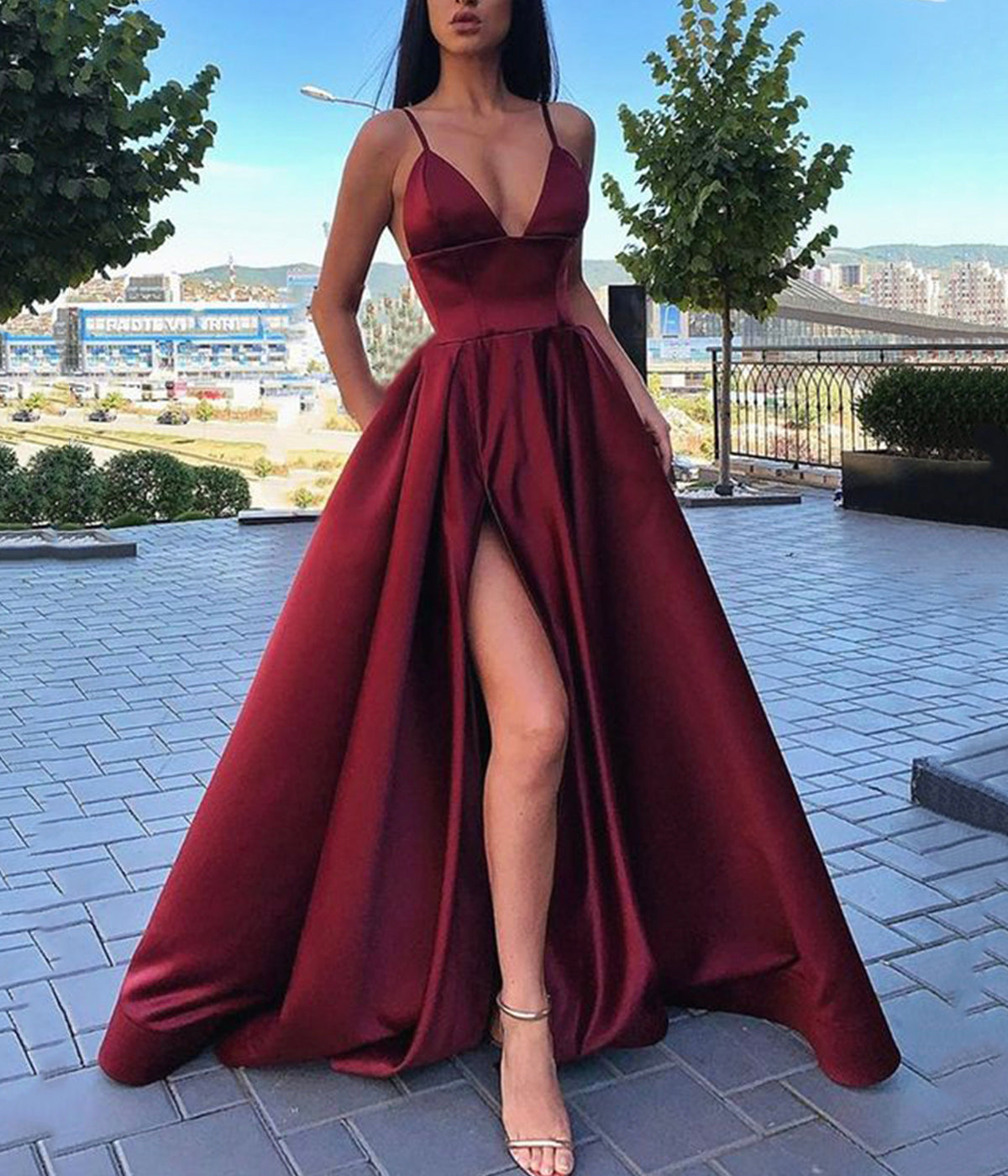 Burgundy satin long prom dress evening dress 8615
