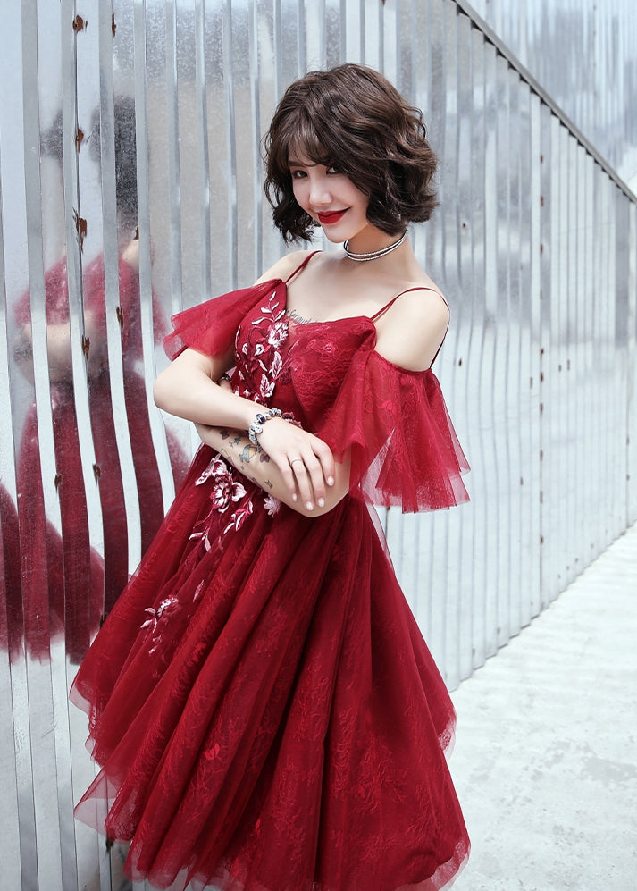 Burgundy lace short prom dress party dress 8323