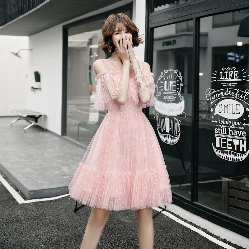Pink A line tulle short dress, party dress 8251