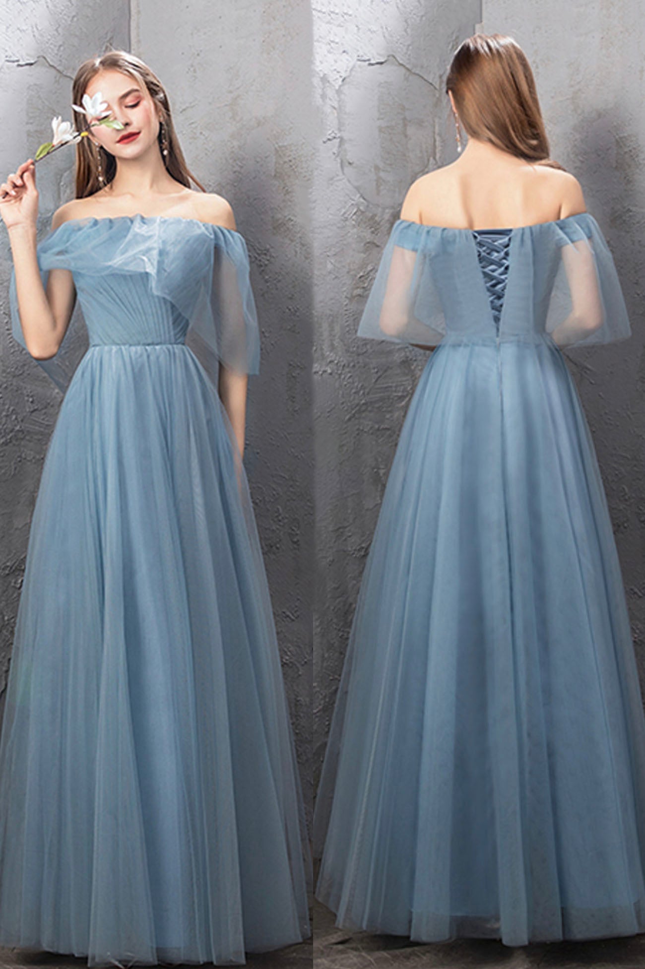 Blue tulle long A line prom dress blue evening dress 10588