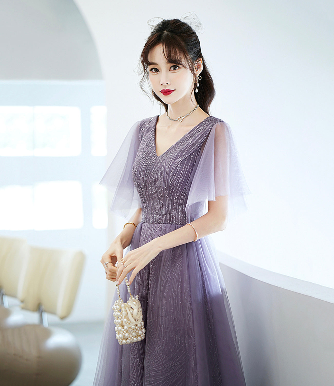 Purple tulle sequins long prom dress A line evening dress 10462