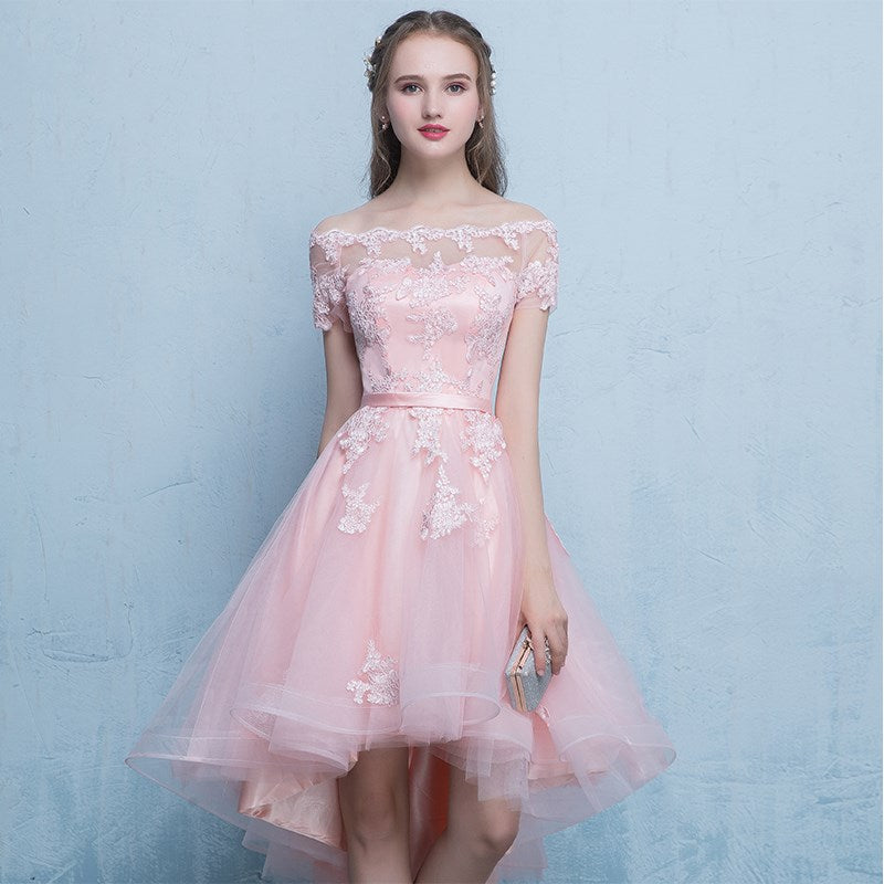 Cute pink tulle lace short prom dress party dress 8311