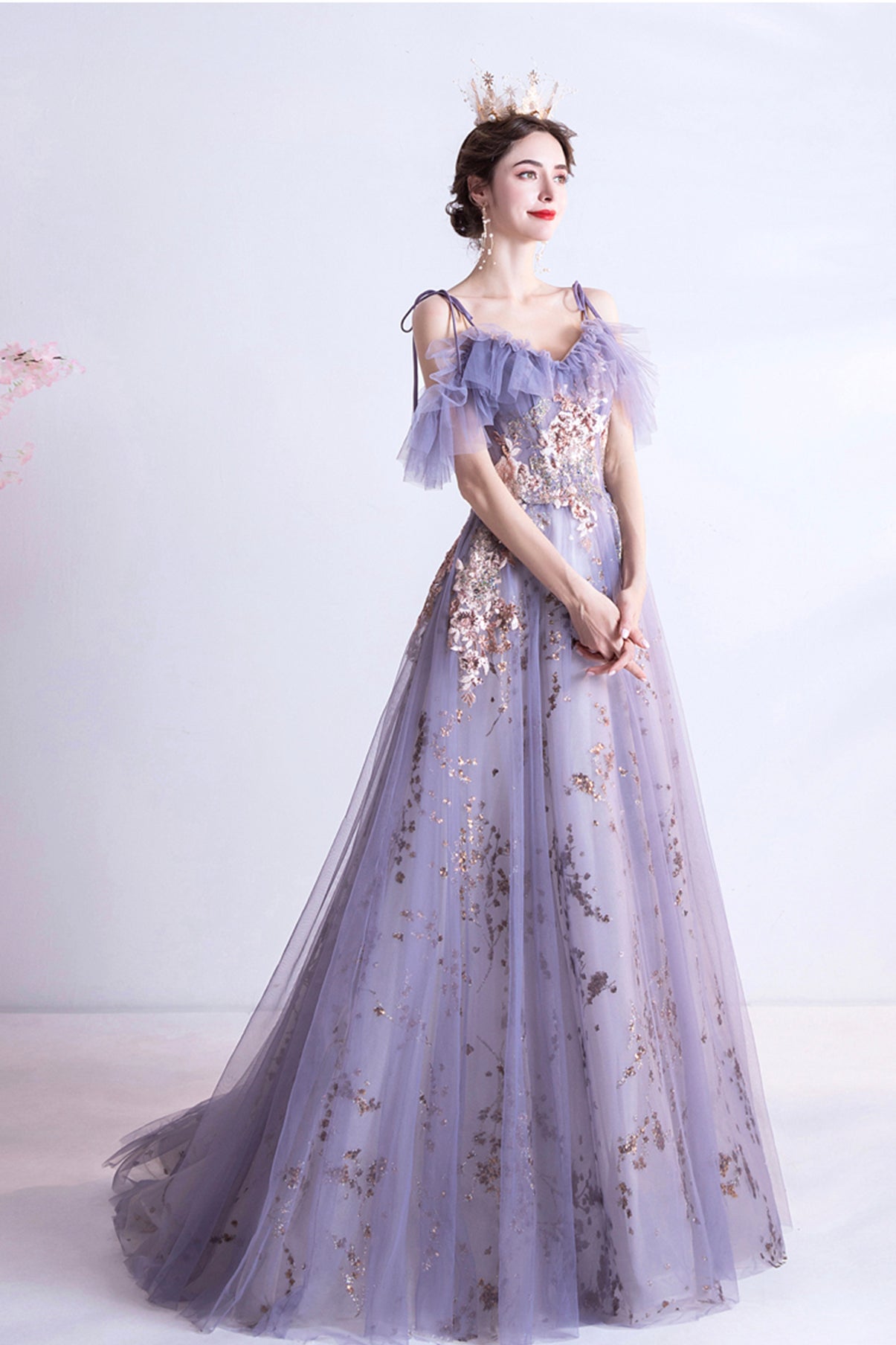 Purple tulle sequins long A line prom dress evening dress 8750