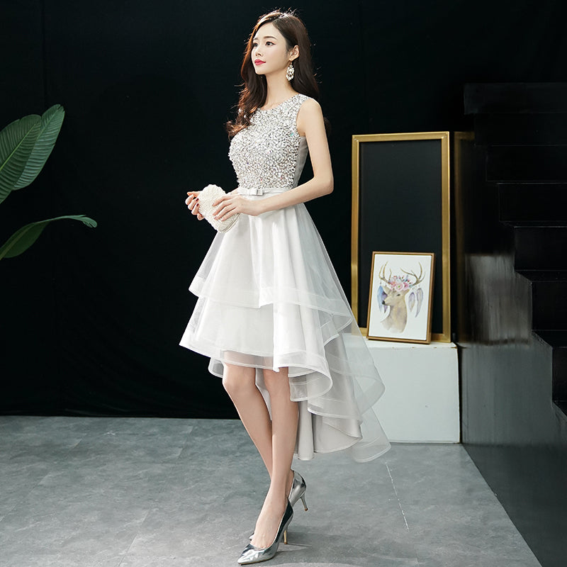Gray tulle beads high low prom dress 8281