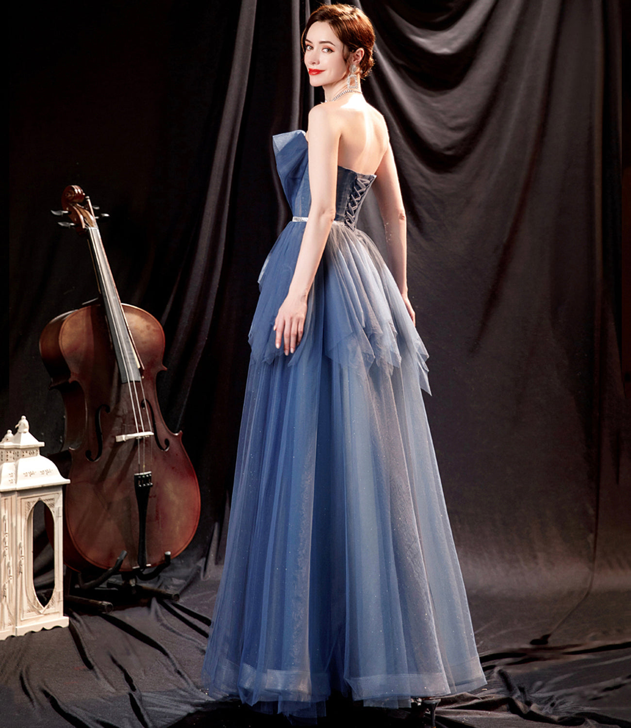 Blue tulle long A line prom dress blue evening dress 10533