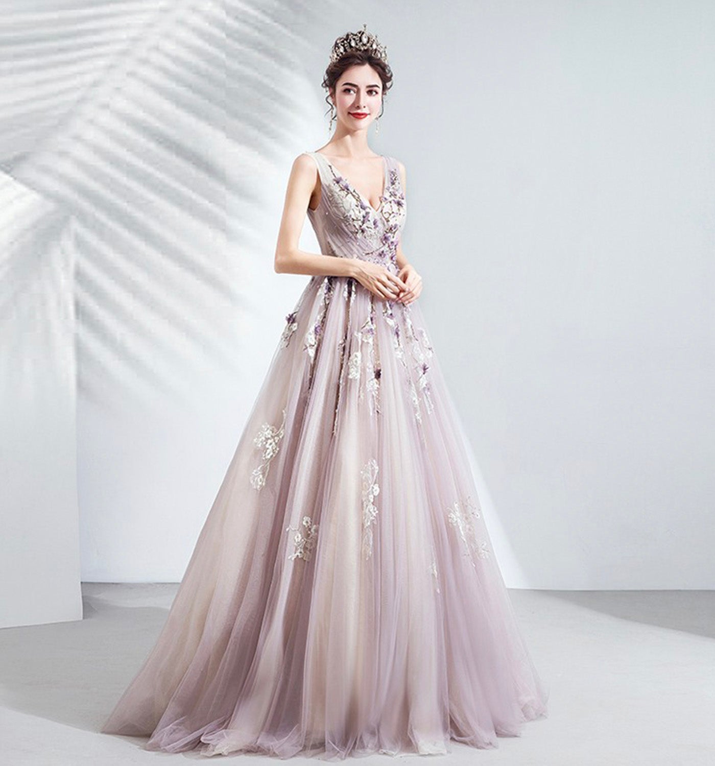 Purple tulle long A line prom dress evening gown 10073