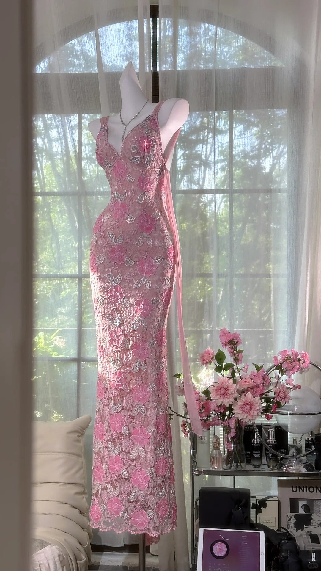 Pink floral vintage beaded lace long prom dress evening dress party dress gh4819