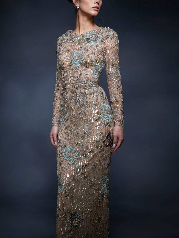 Round Neck Lace Long Sleeves Maxi Dress