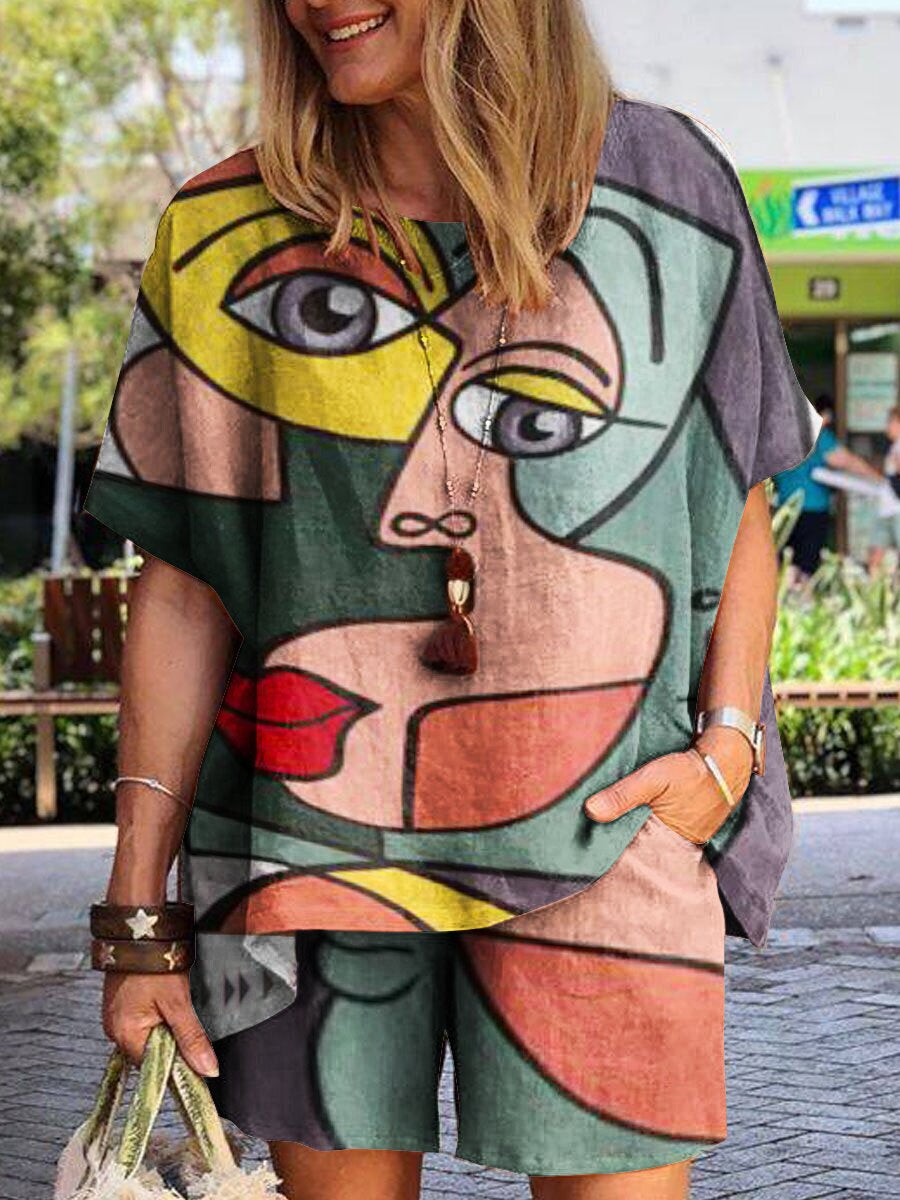 Women's Round Neck Abstract Print Short Sleeve Suit