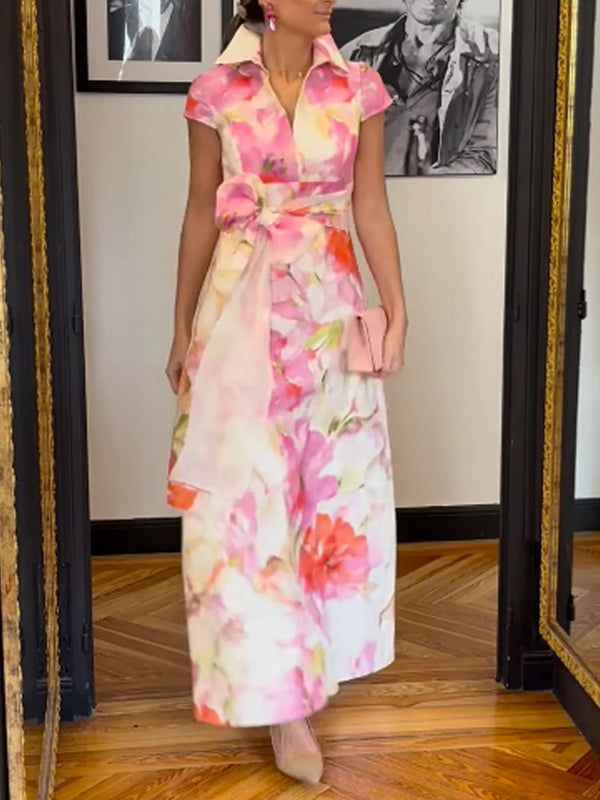 Elegant Floral Printing Shirt Collar Maxi Dress With Belt