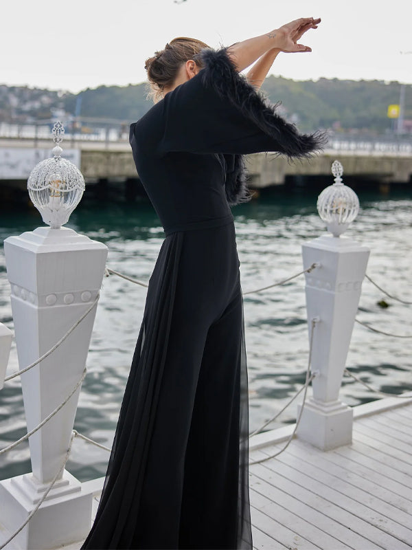 V-neck Solid Color Feather Sleeve Jumpsuit