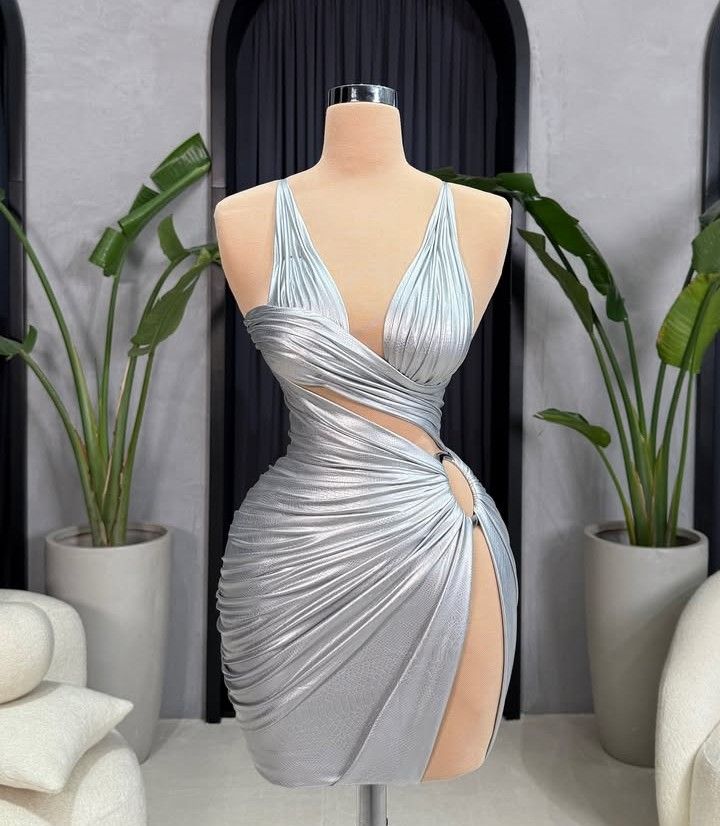 Silver Fashion V-neck Sexy Short Satin Party Dress gh4968