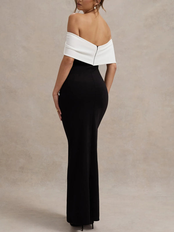 One Shoulder Color Matching Temperament Slit Women's Dress