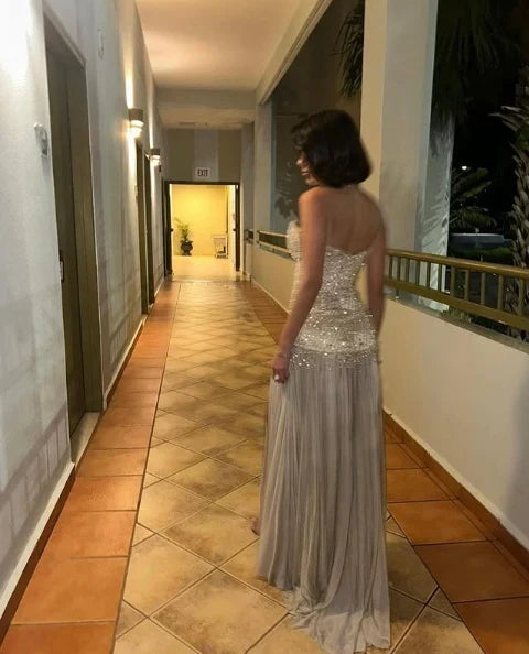 Champagne Color Sparkling Sweetheart Neck Elegant Long Slit Sequin Chiffon Ball Gown Evening Dress gh4185