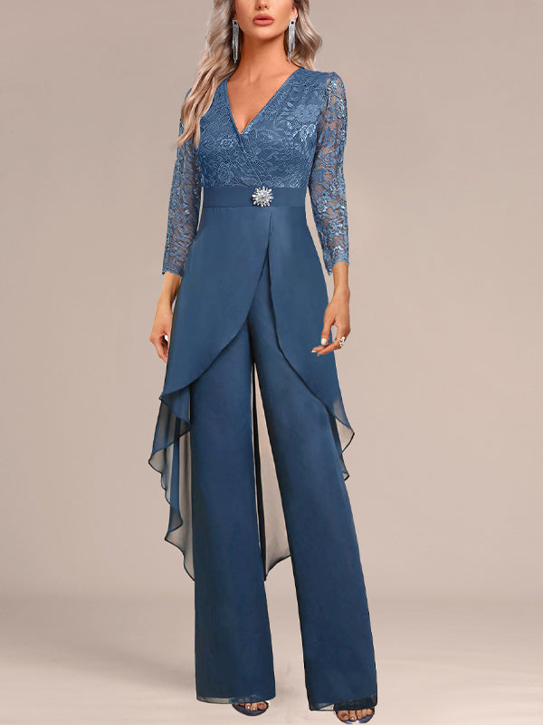V-Neck Long-Sleeved Lace Solid Color Jumpsuit