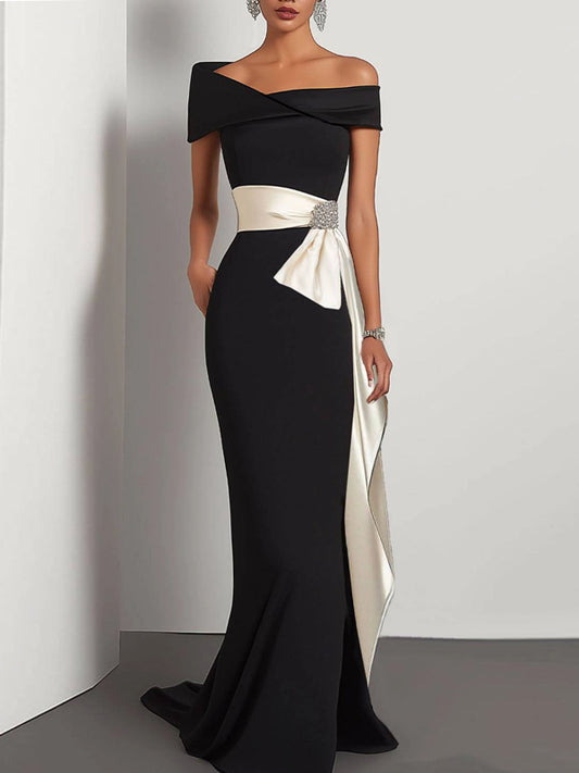 Elegant Evening Satin Dress Off-Shoulder Mermaid White Sash Rhinestone Dress