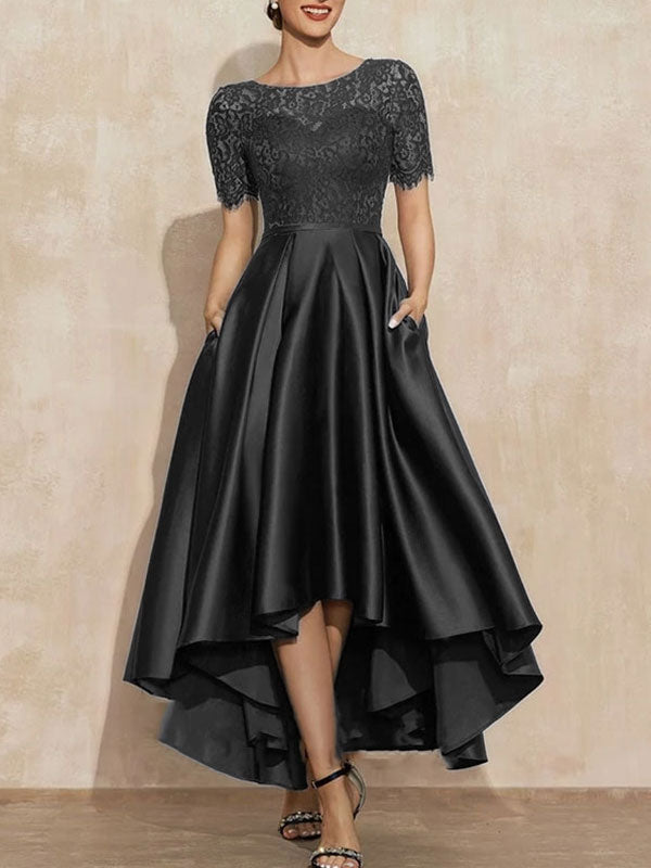 A-Line Scoop Neck Asymmetrical Satin Lace Mother of the Bride Dress With Pockets