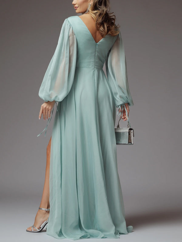 V-neck Solid Color Long Sleeves Maxi Dress