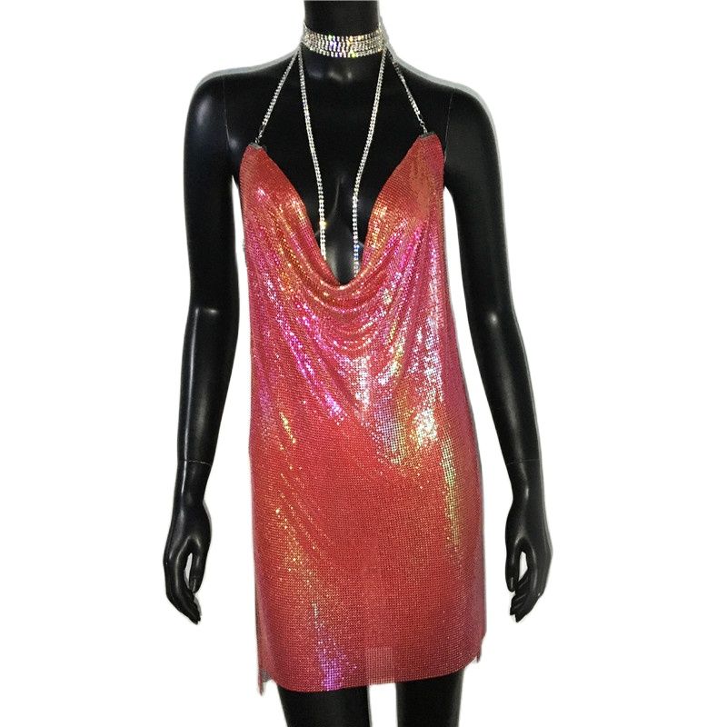 loveedsTM-Sexy Gold Sequined Patchwork Mini Dress Women Sleeveless Low Cut Metal Chains Halter Slim Charming Nightclub Party Dresses