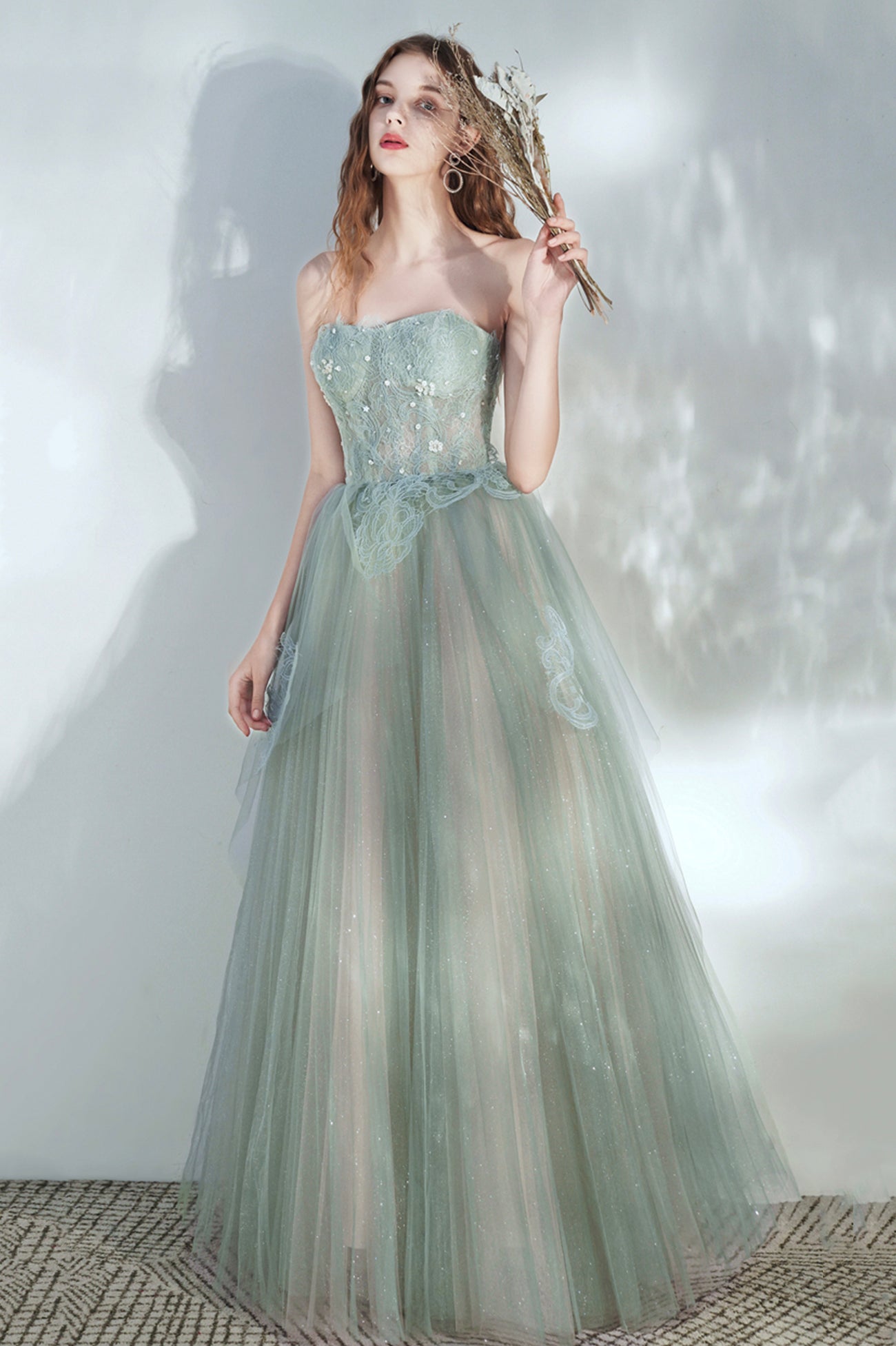 Green Tulle Lace Long A-Line Prom Dress, Cute Strapless Evening Party Dress