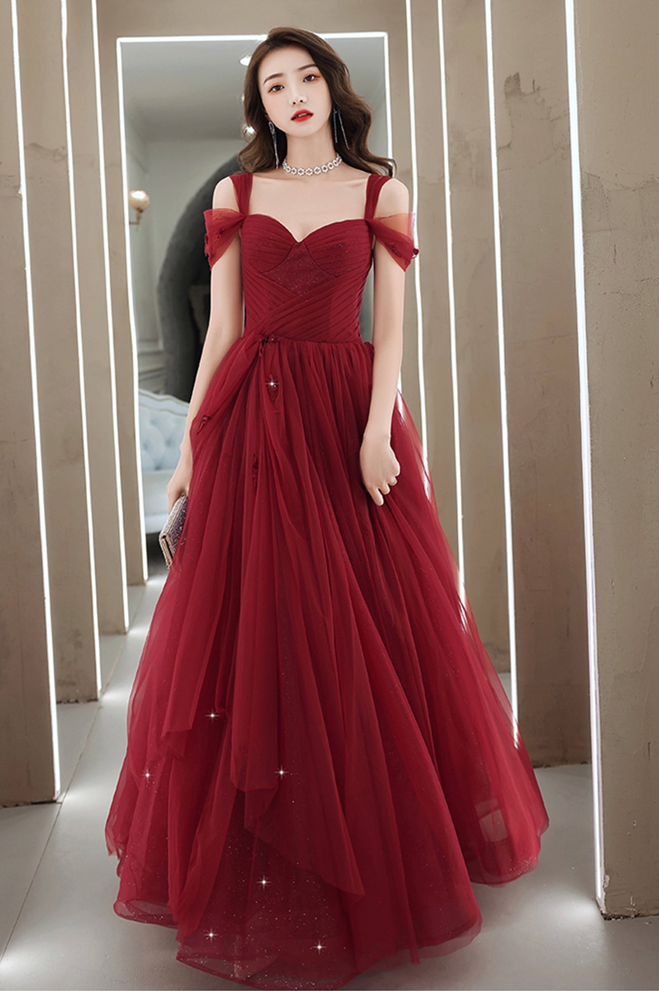 Burgundy Tulle Long A-Line Prom Dress, Burgundy Evening Party Dress