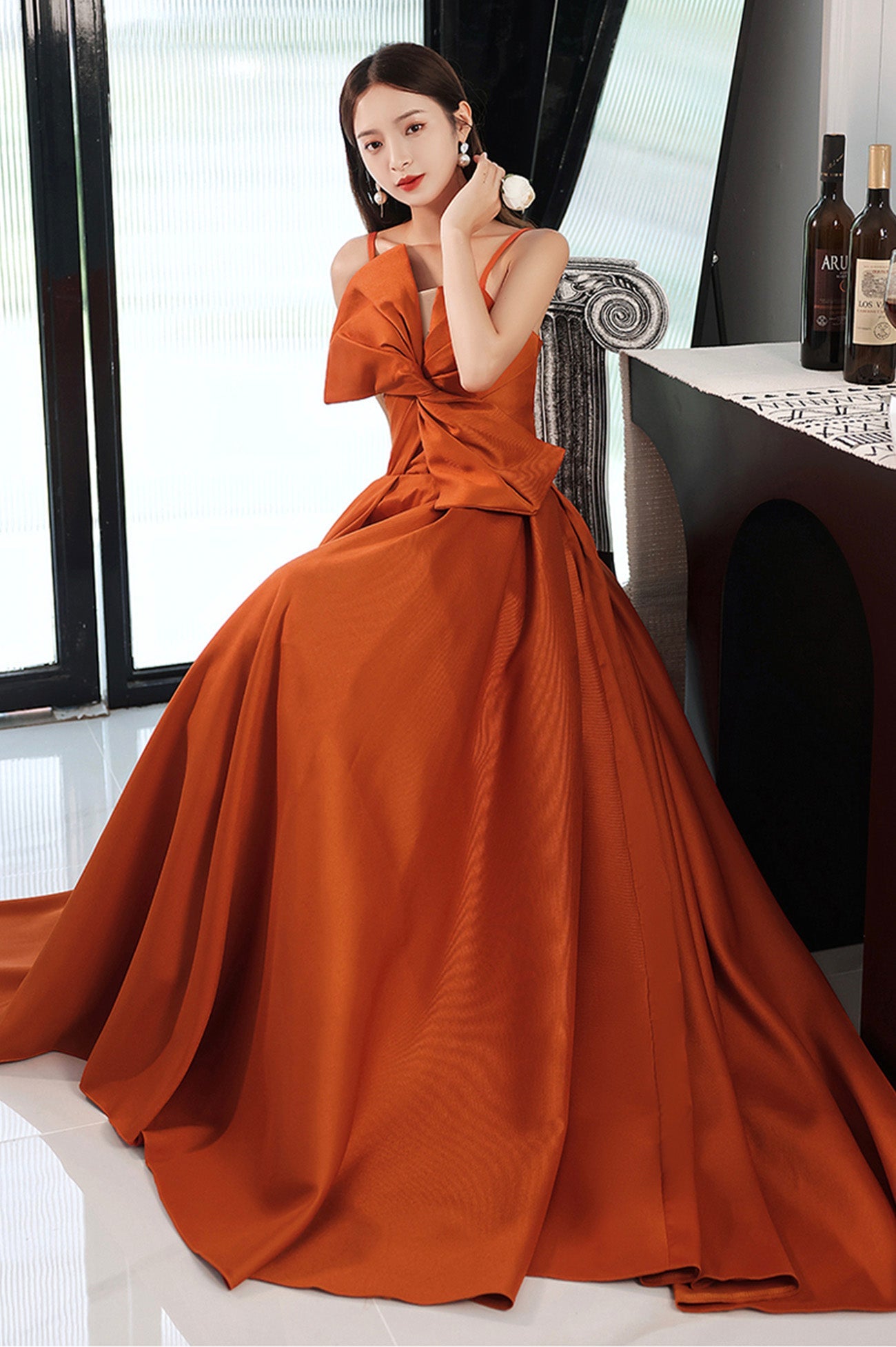 Orange Satin Long A-Line Prom Dress, Chic Evening Dress with Bow
