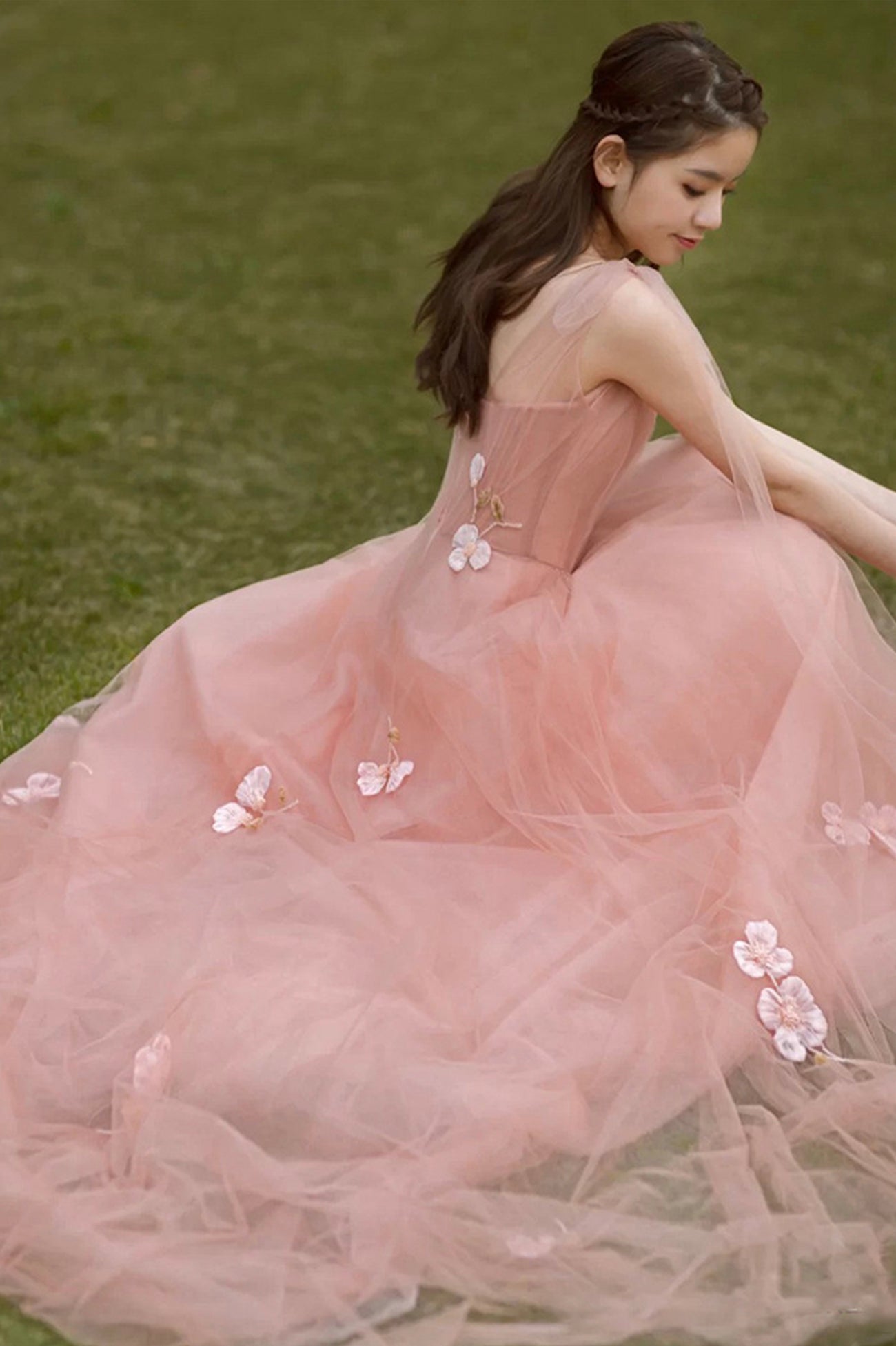 Pink A-Line Tulle Floor Length Prom Dress, Beautiful Evening Graduation Dress