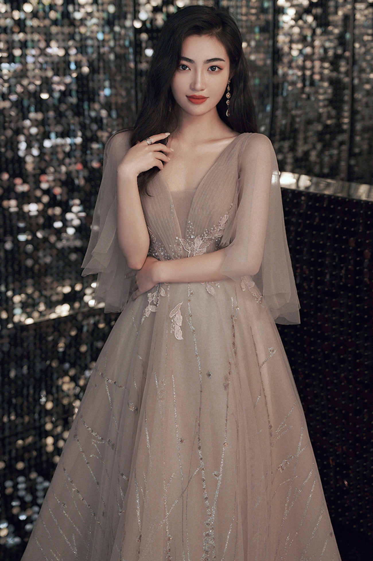 Champagne Tulle Sequins Long Prom Dress, V-Neck Evening Party Dress