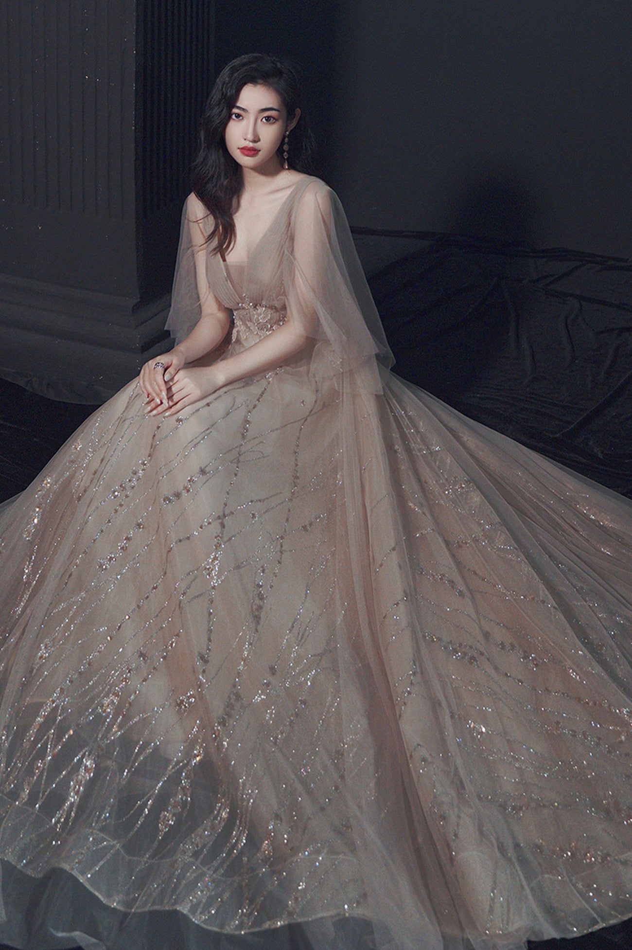 Champagne Tulle Sequins Long Prom Dress, V-Neck Evening Party Dress