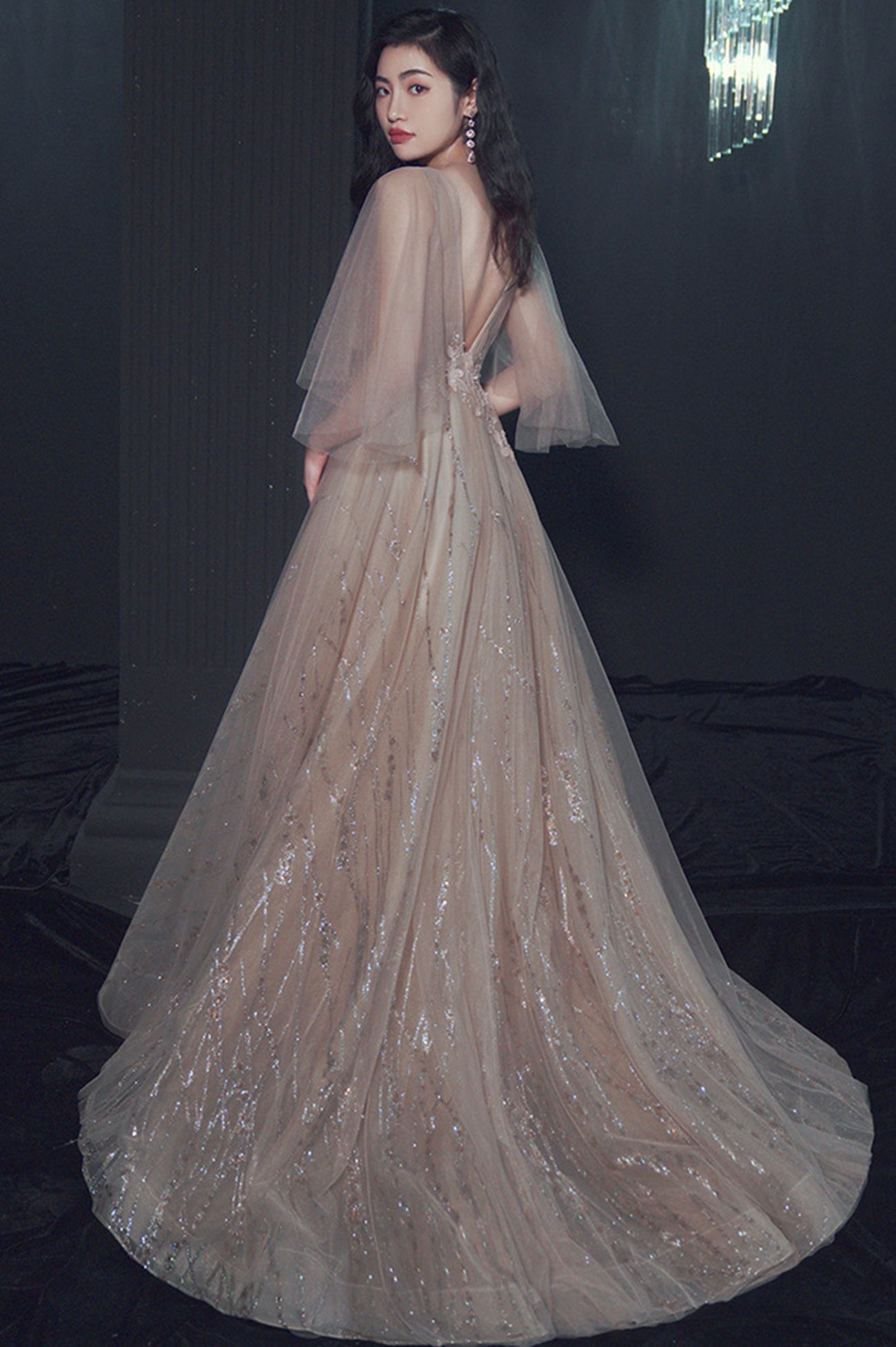 Champagne Tulle Sequins Long Prom Dress, V-Neck Evening Party Dress