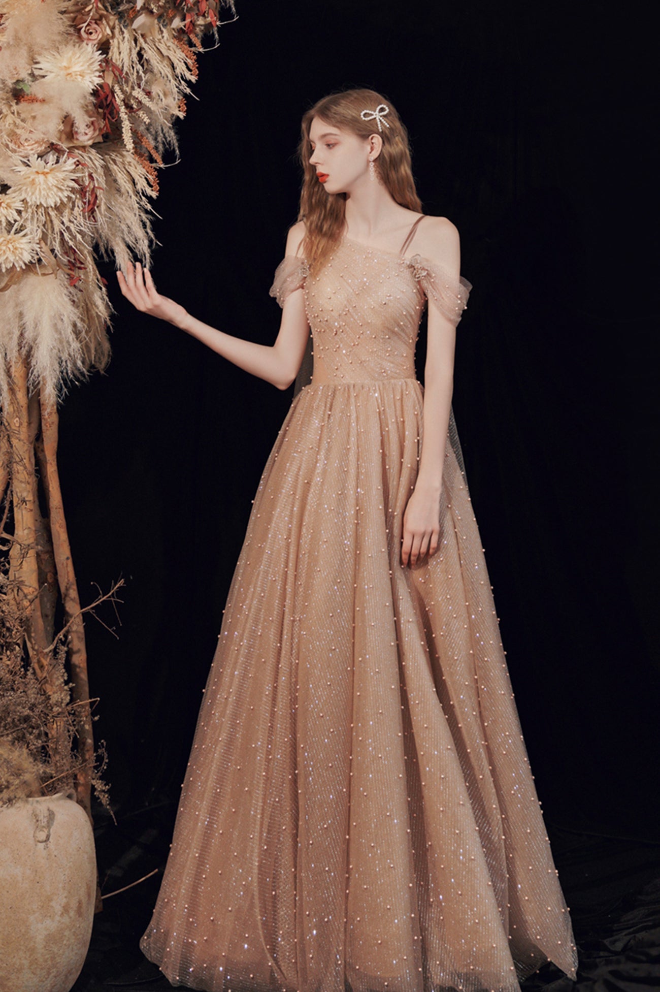 A-Line Tulle Pearl Long Prom Dress, One Shoulder Evening Graduation Dress