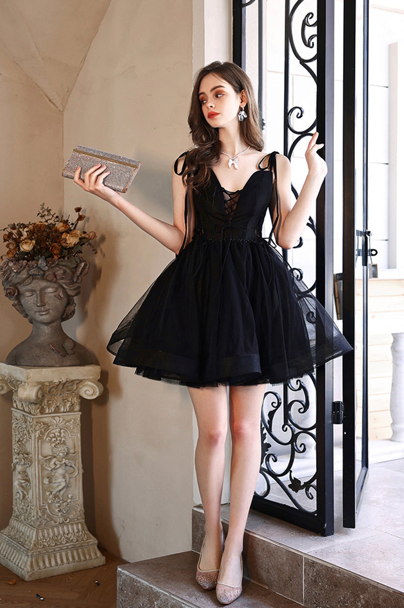 Black Tulle Short Prom Dress, Black V-Neck Homecoming Party Dress