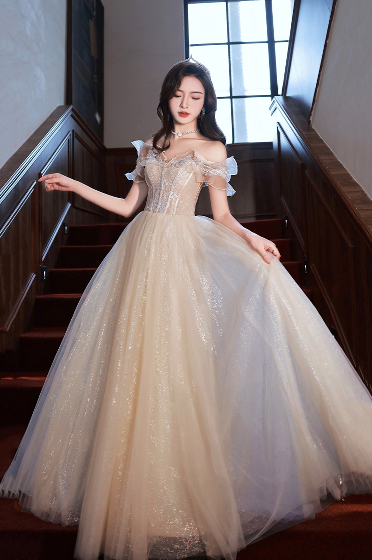 Champagne Off the Shoulder Lace Long Prom Dress, A-Line Evening Party Dress