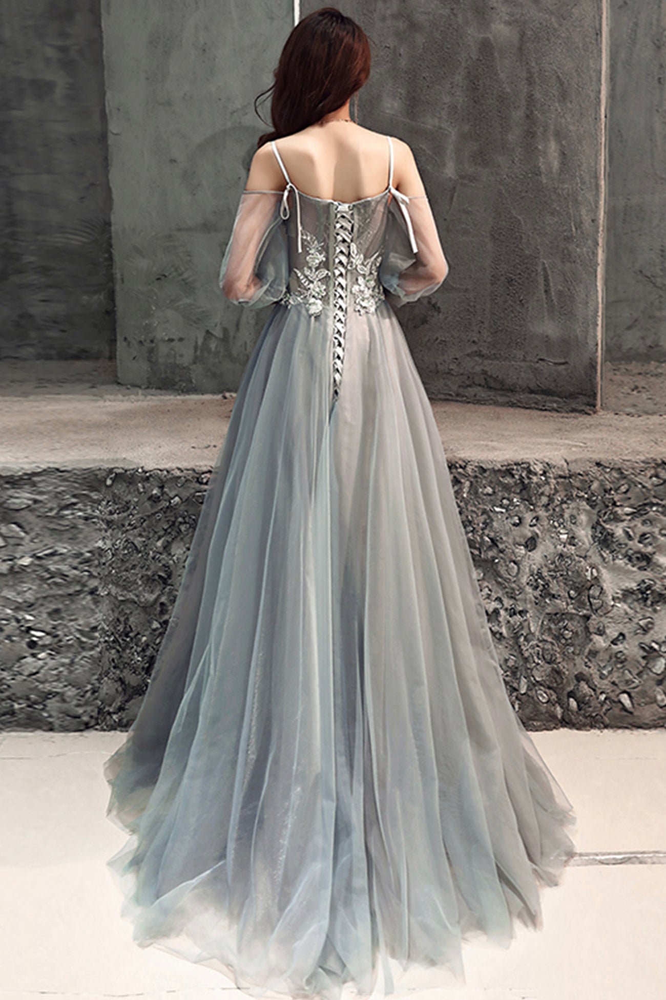 Gray Tulle Lace Long Prom Dress, A-Line Long Sleeve Evening Dress