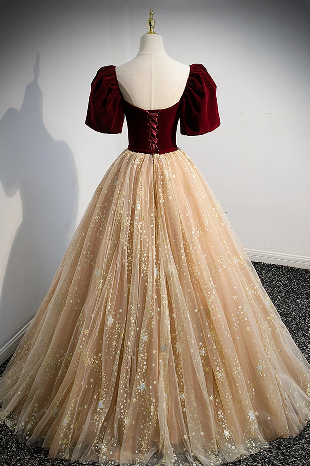 A-Line Velvet Tulle Long Prom Dress, Lovely Short Sleeve Graduation Dress